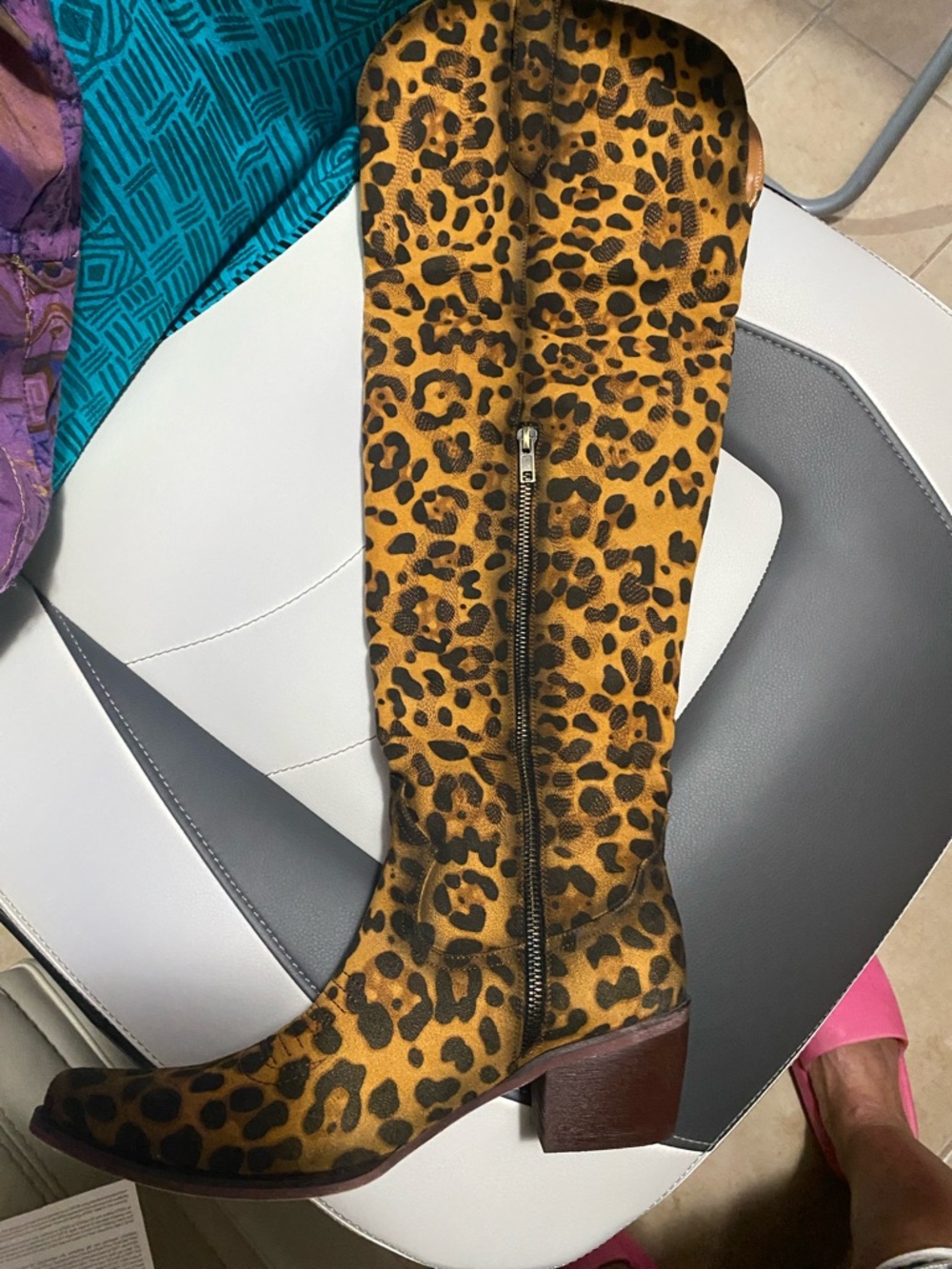 Leopard Print Knee High Almond Toe Embroidery OTK Western Boots NIB Size 8.5 - Picture 8 of 16